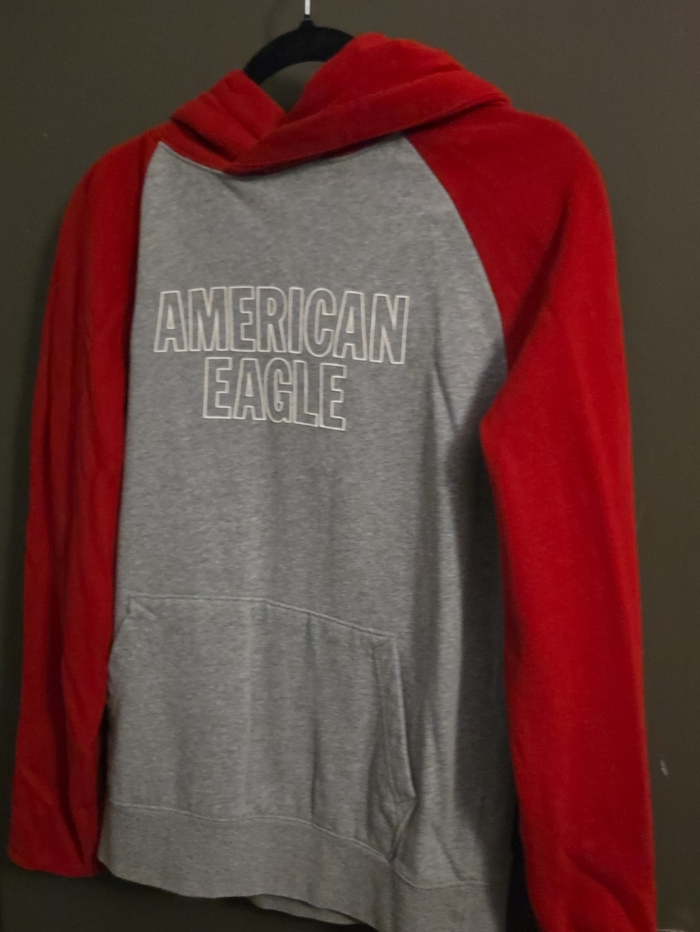 American Eagle Outfitters Gray & Red Raglan Hooded Crewneck